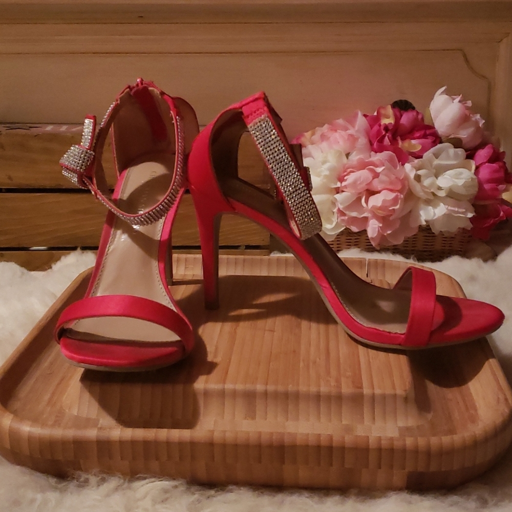 Christian Siriano Fuchsia Satin Rhinestone Ankle-Strap Stilettos